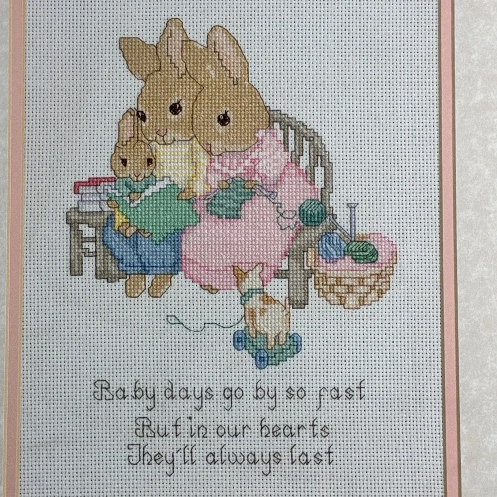 Handmade Framed Cross Stitch Nursery Art Bunny Family Baby Days Poem Cottage